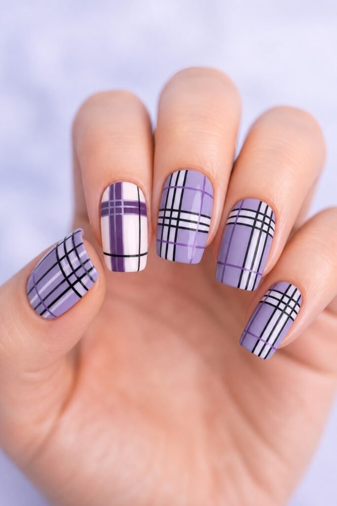 Short mauve and lilac plaid nails