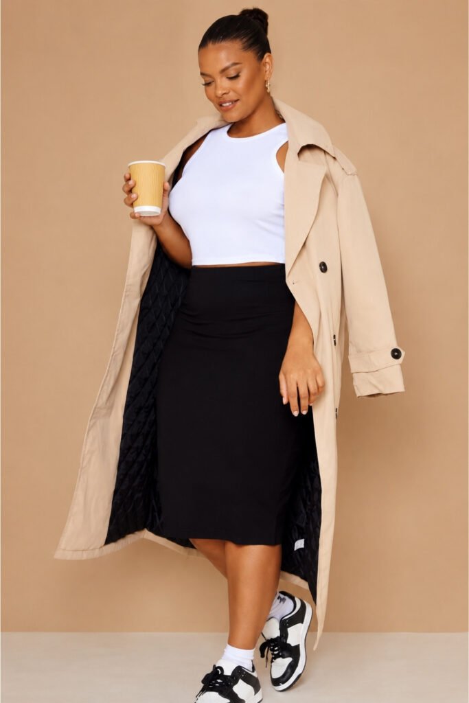 Midi Skirt with a Fitted Ribbed Top and a Trench
