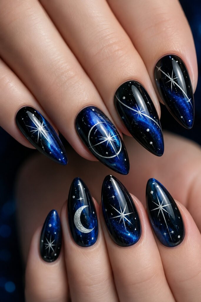 Midnight blue almond nails with silver stars