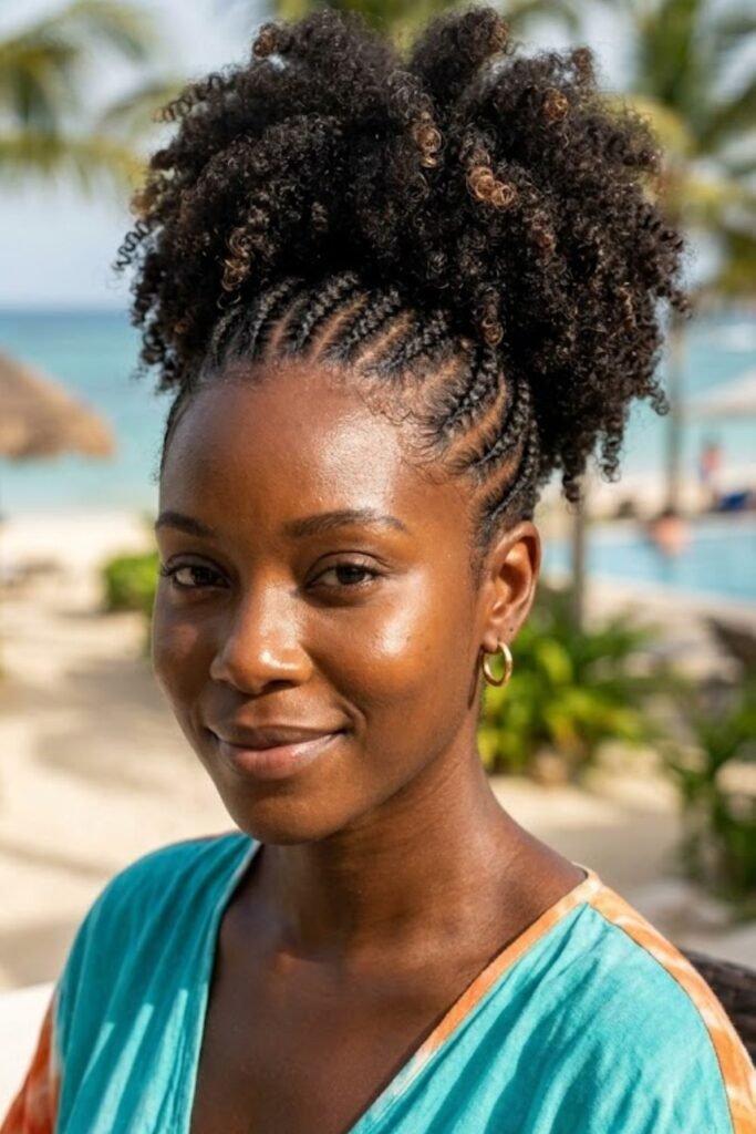 Mini Cornrows with Curly Puff