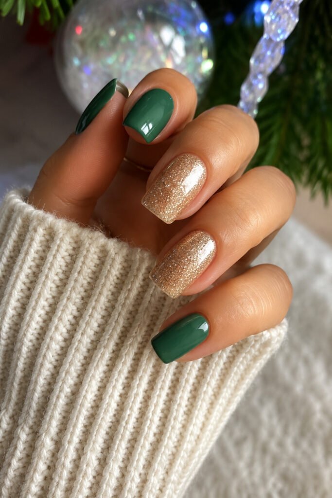 Green and nude nails with gold detail
