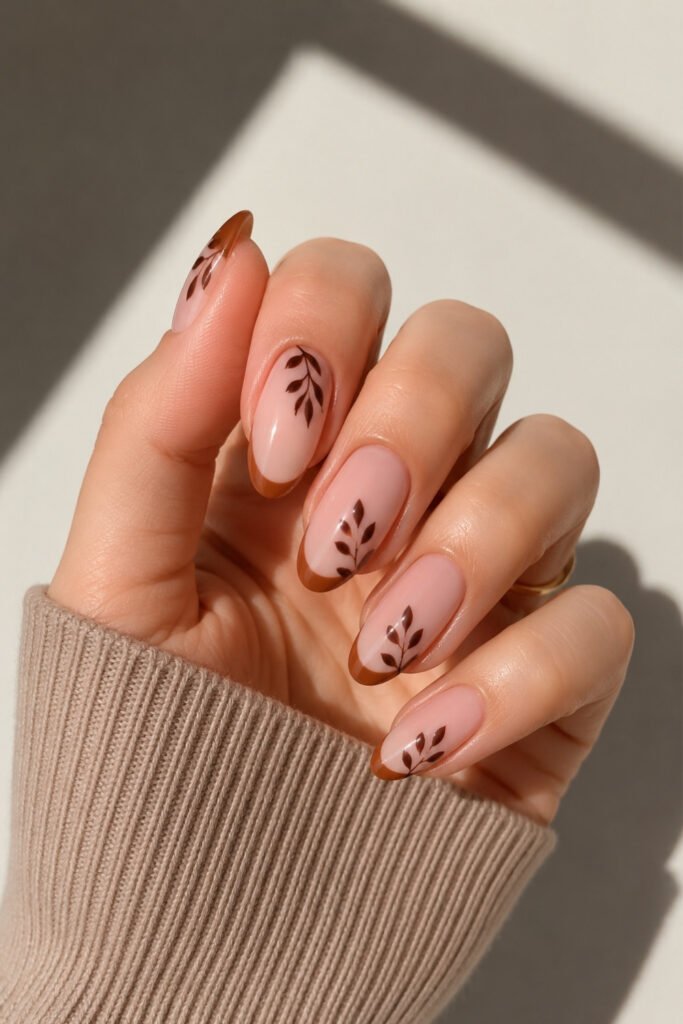 Minimalist Leaf Accents on Almond Nails