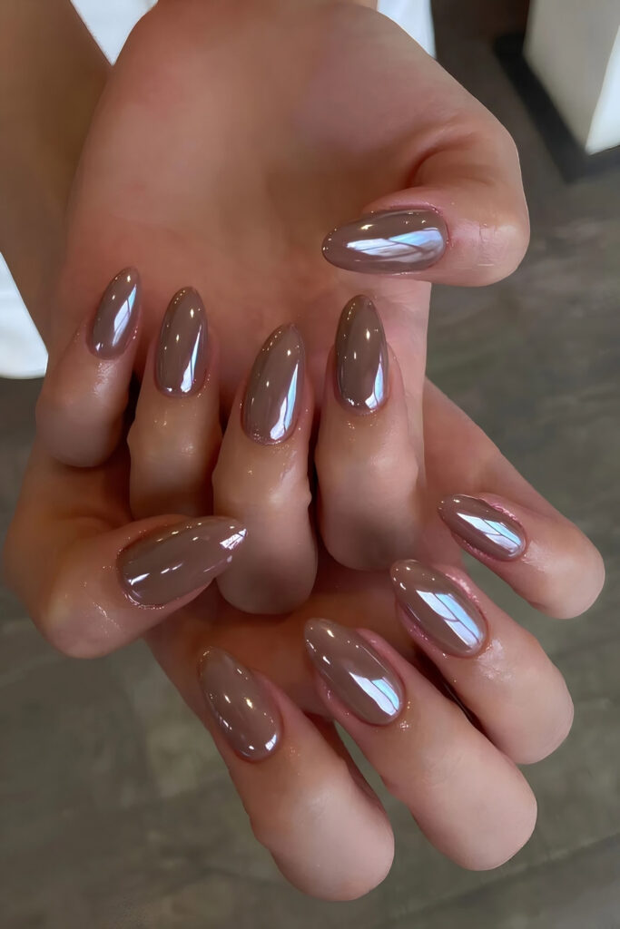 Mocha Almond nails With Gold Chrome
