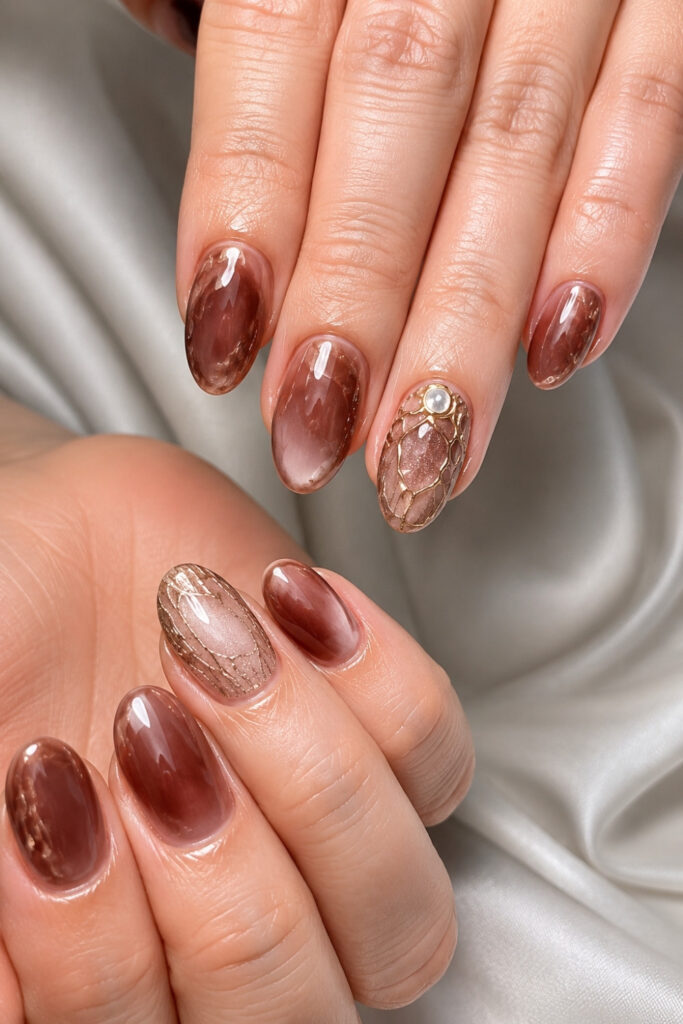 Mocha Stiletto nails With Pearls and Chrome