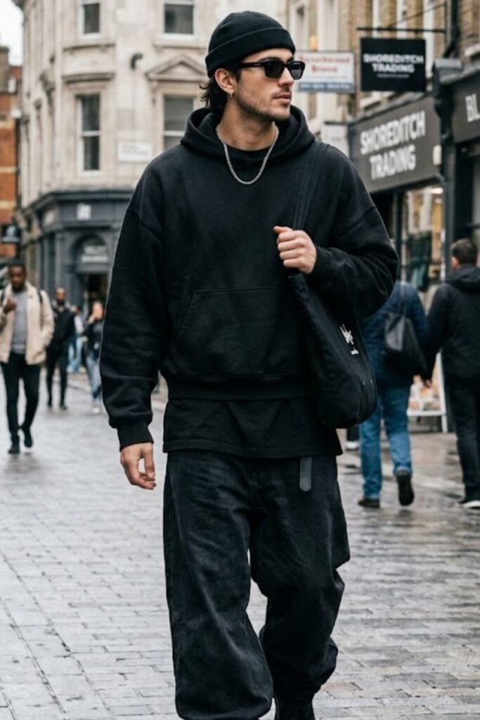 Monochrome Black Baggy Jeans Outfit for Men