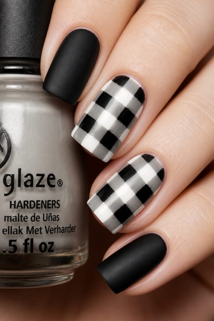 Black and white gingham nails mixed with matte black nails