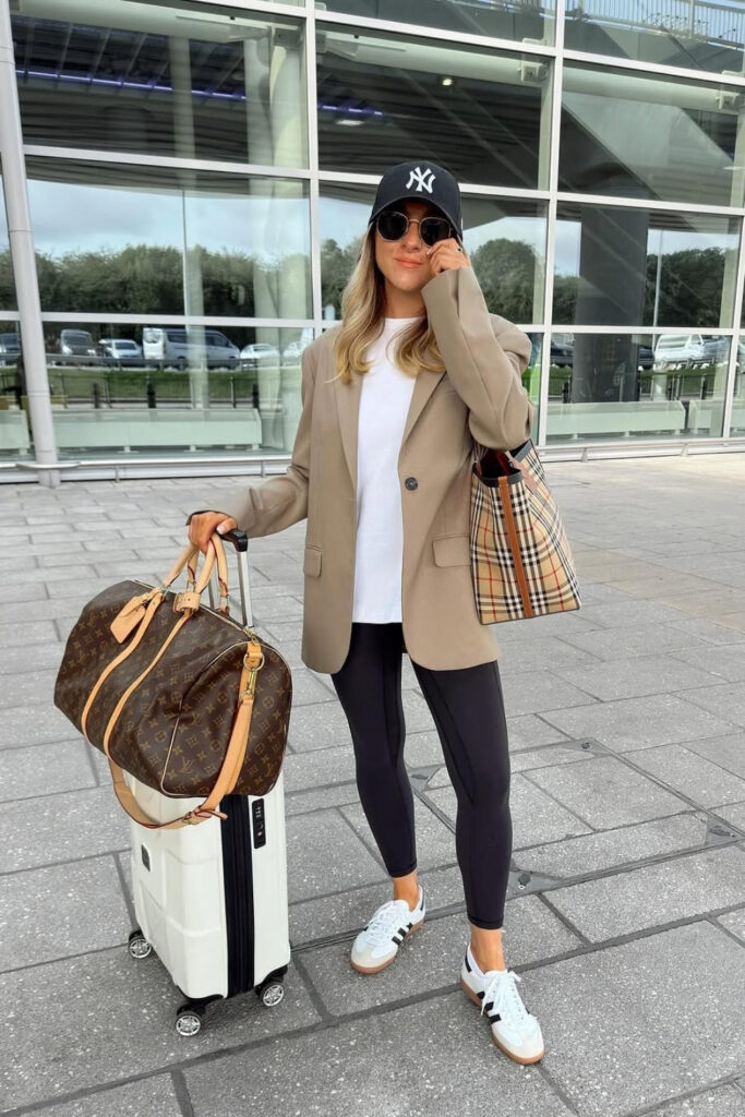Airport outfit: Monochrome Neutral Set with White Sneakers
