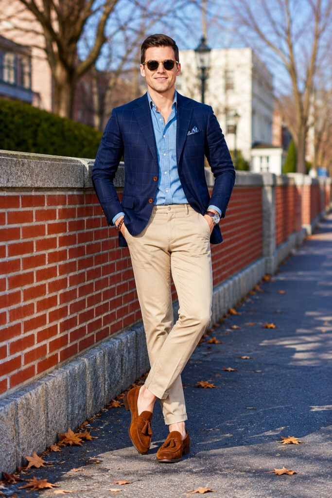 Navy blazer with light blue shirt and khaki pants