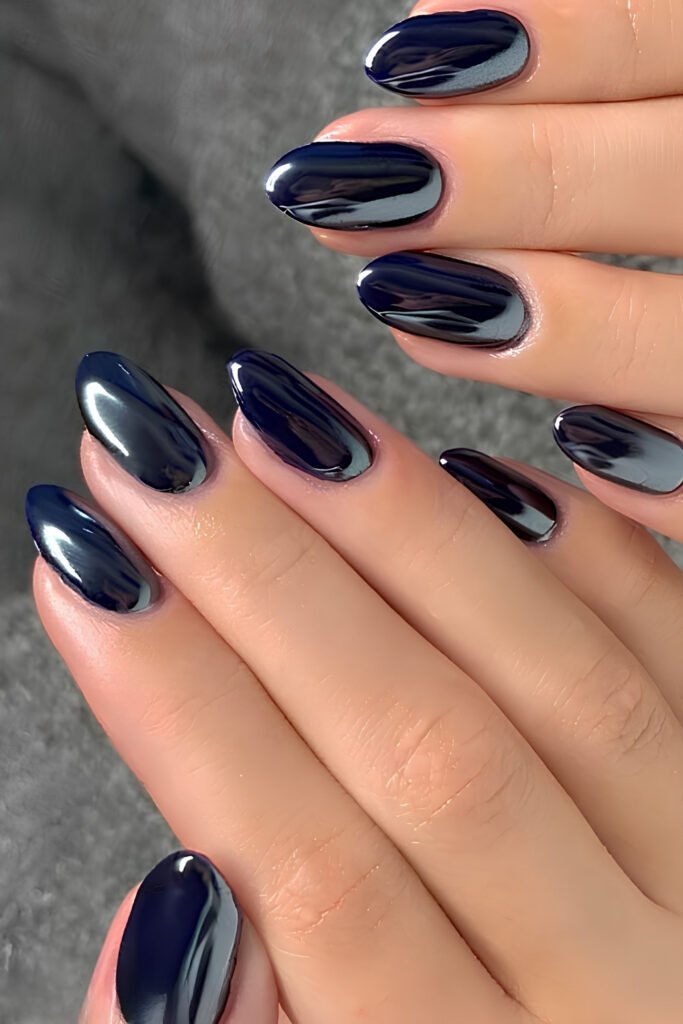 Navy Blue Chrome Accent Nails