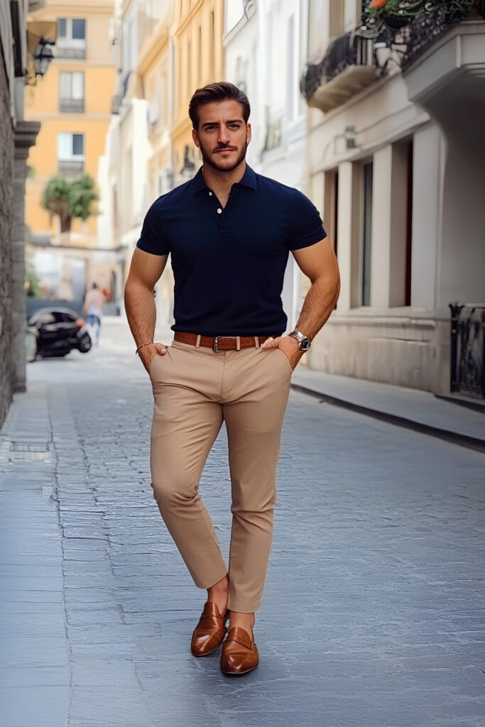 Navy polo with khaki chinos