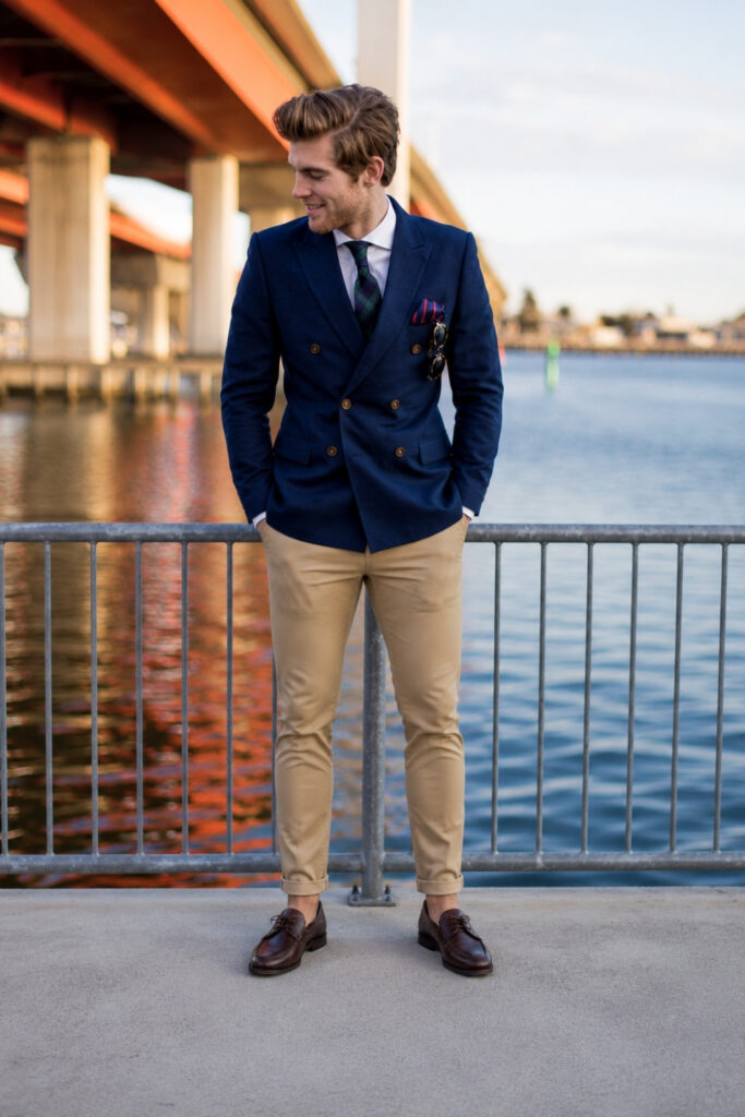 Navy blazer with white shirt and khaki dress pants