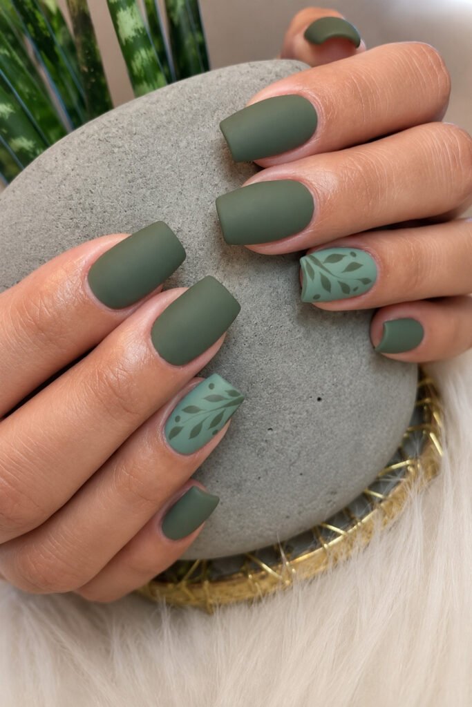 Olive Green Matte Square Nails