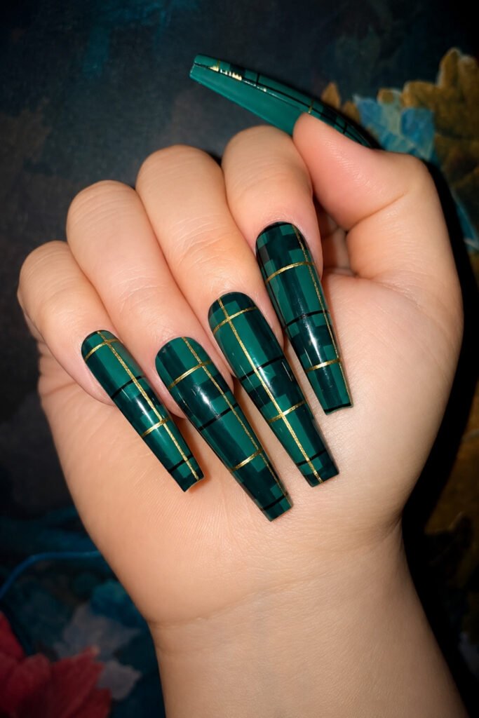 Olive Green Plaid Stiletto Nails