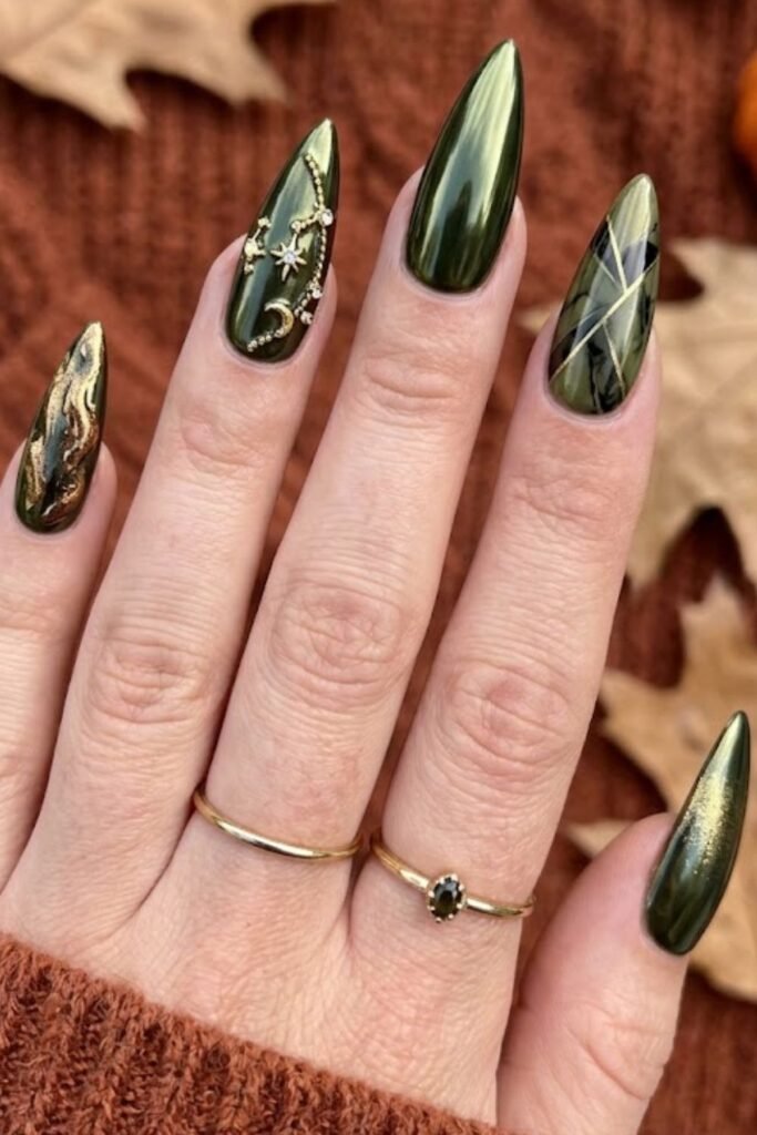 Olive Green Stiletto Nails with Chrome Finish