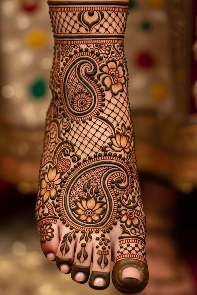 Paisley‑Heavy Bridal Foot Mehndi