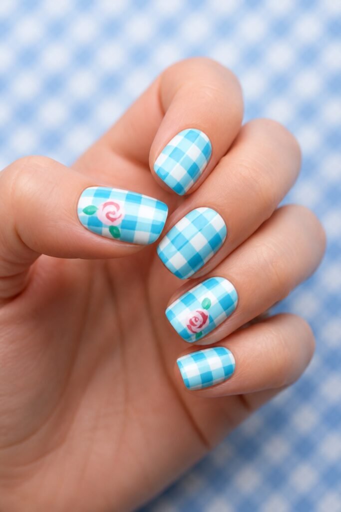 Sky blue and white gingham nails on a blue checked background
