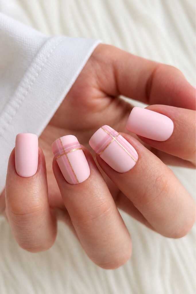 Short pastel pink nails with a soft glossy finish