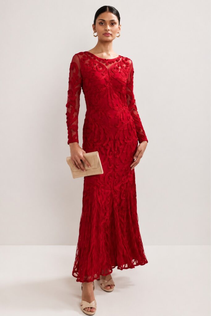 Embroidered Long-Sleeve Lace Maxi Dress