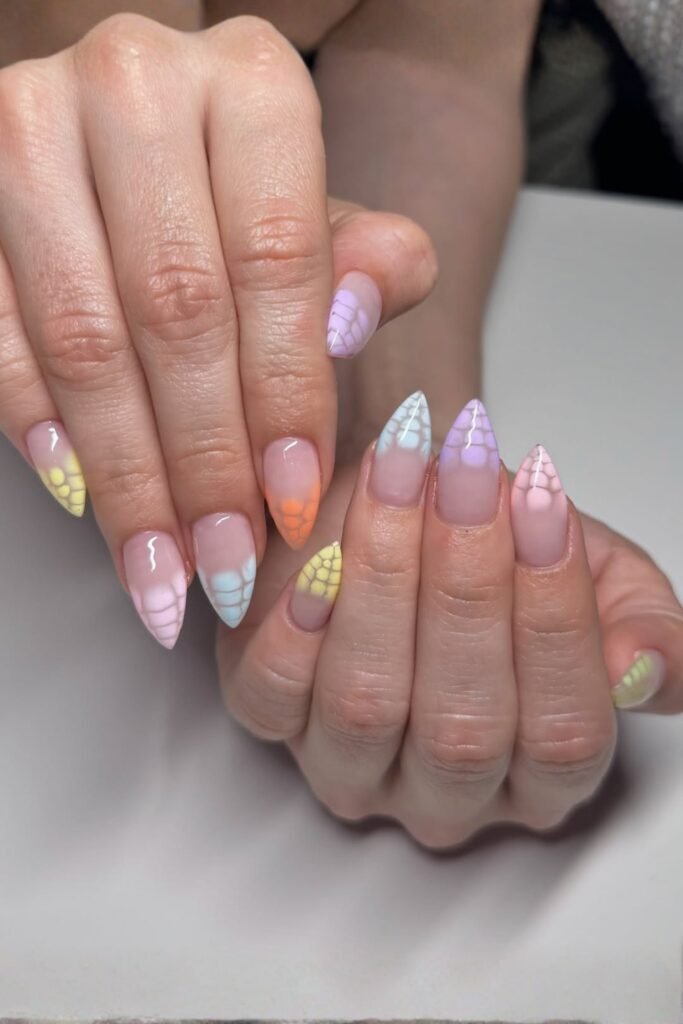 Almond nails in pastel pink plaid
