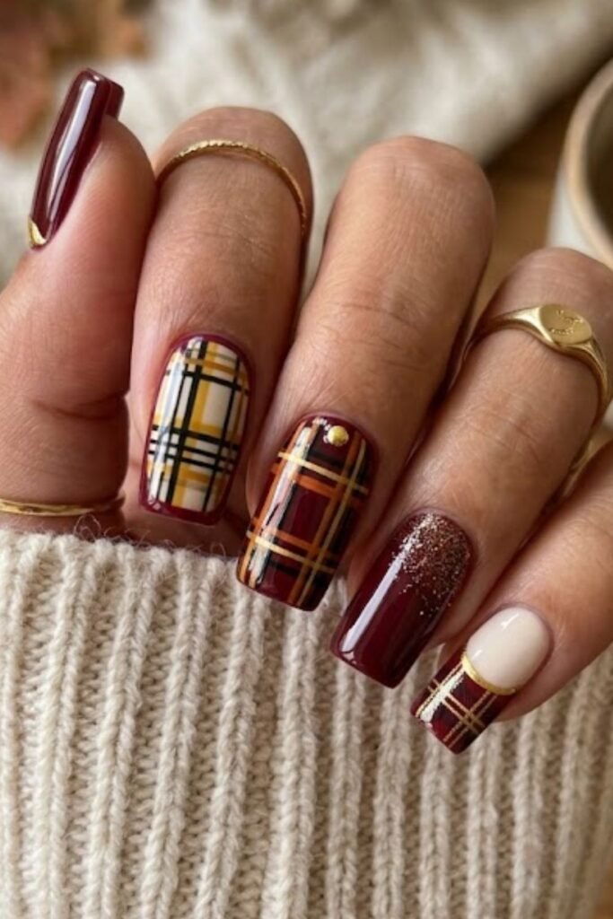 Plaid Accent Burgundy Square Nails