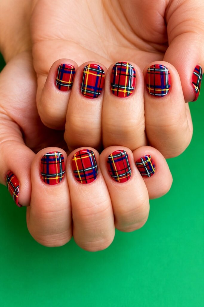 Plaid Accents on Short Rounded Nails