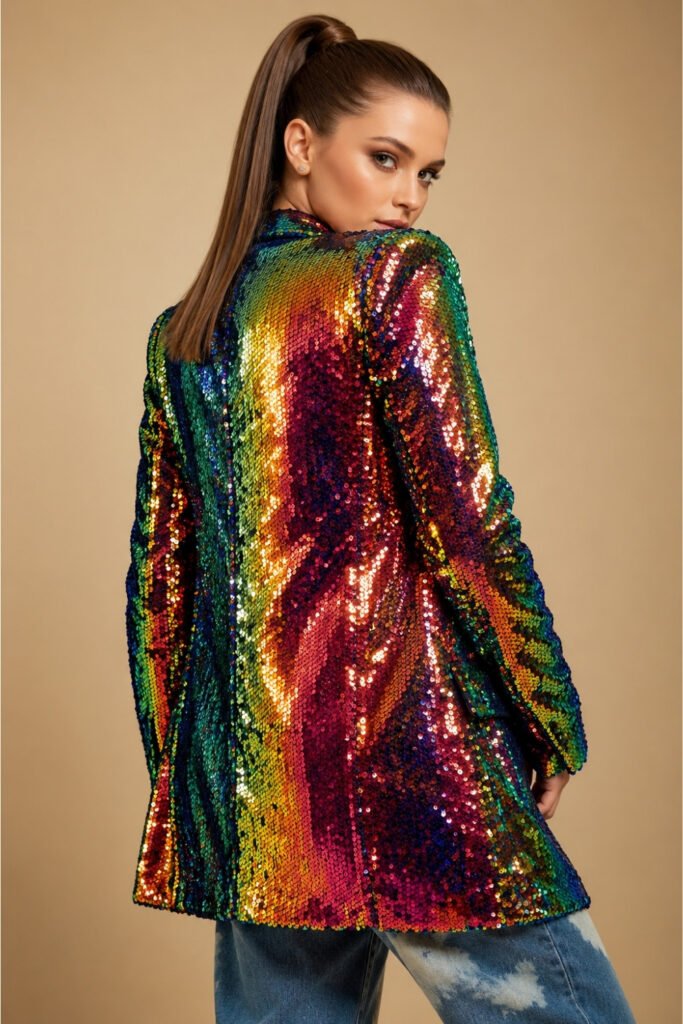 Rainbow Sequin Jacket with Neutral Dress