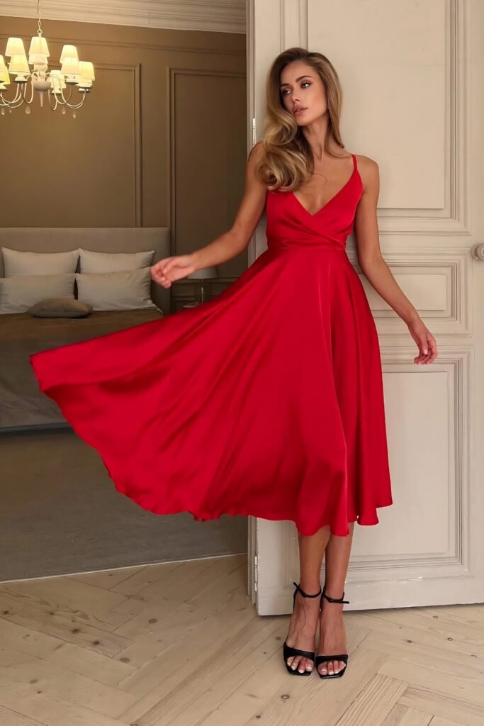 Woman in a sleeveless red silk midi dress