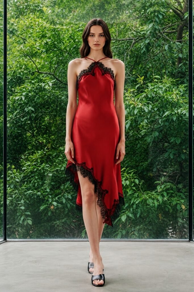 Woman in a red silk slip dress with black lace trim