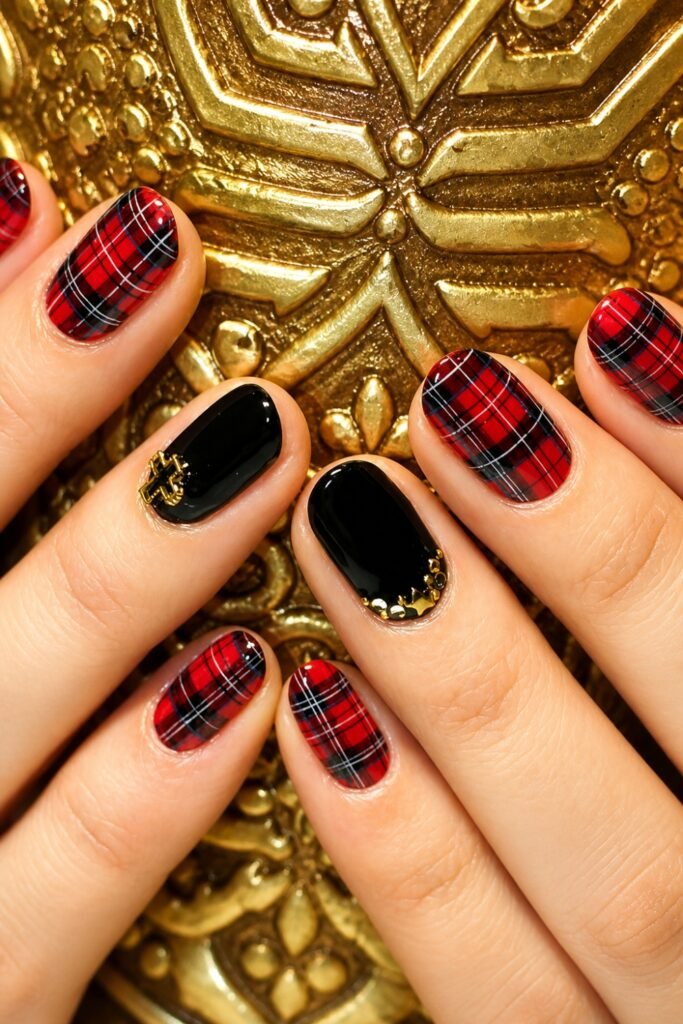Short red and black plaid nails with gold accents
