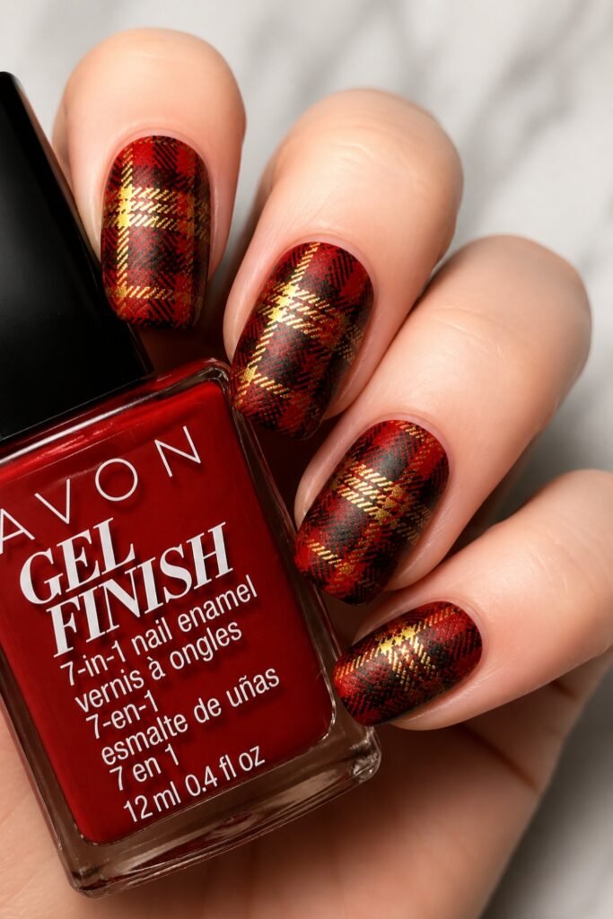 Red and gold plaid nails beside a bottle of red polish