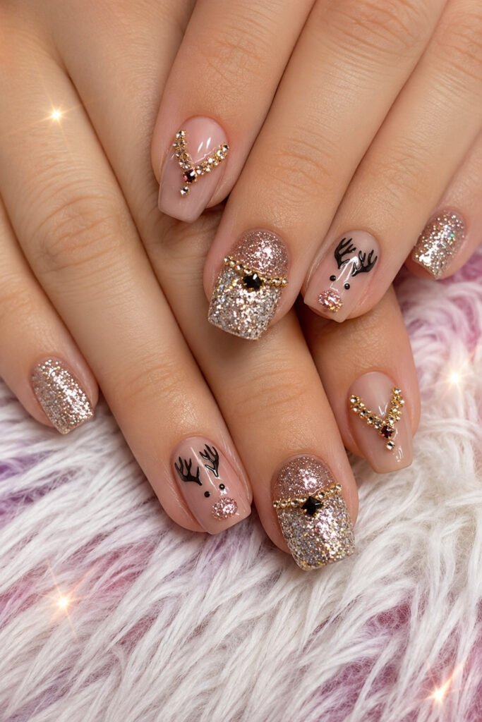Nude and glitter nails with small reindeer and snowflake art