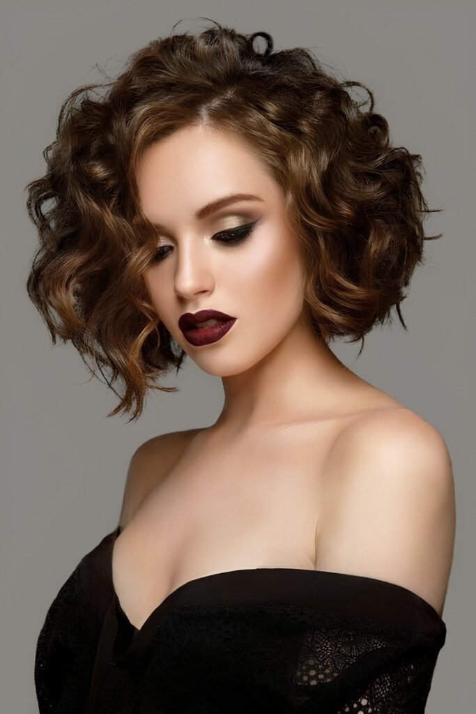 Woman with a retro curly bob and a dark lip