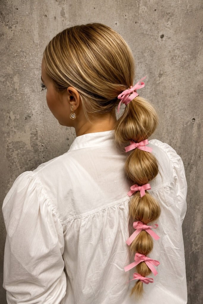 Back view of a bubble braid tied with small pink ribbons