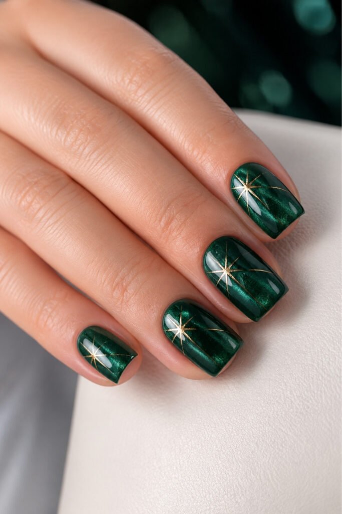 Short emerald green nails with a velvet finish