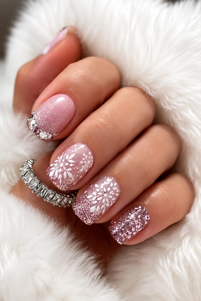 Pink glitter nails with a snowflake accent