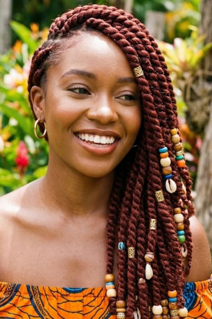 Side-Swept Auburn Havana Twists with Beads