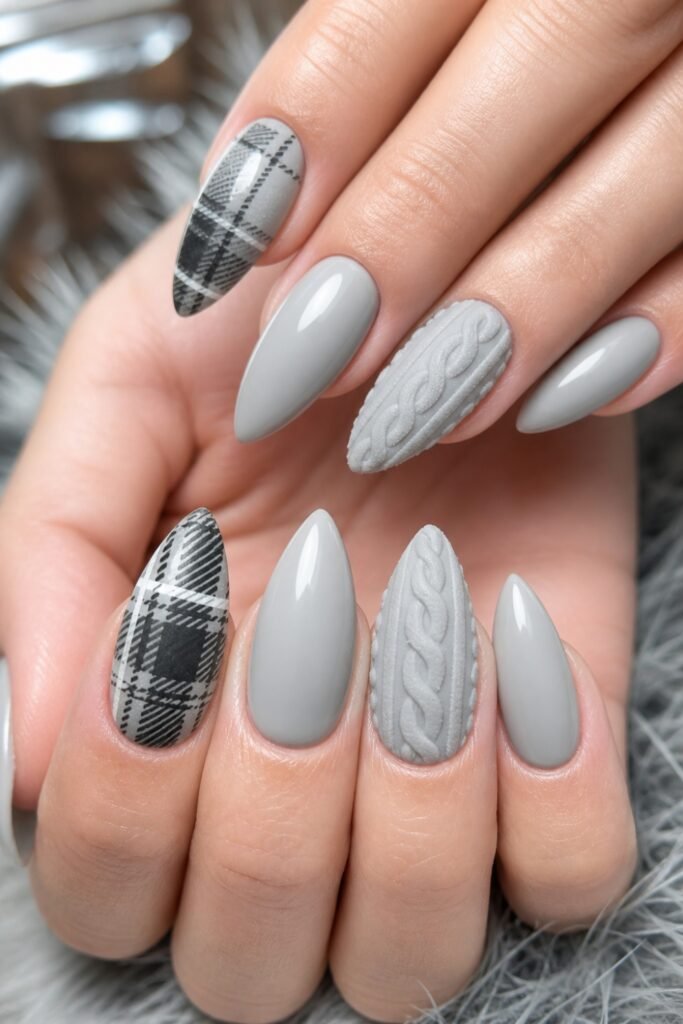 Almond nails in pale grey and silver plaid
