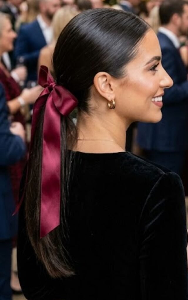 Side view of a sleek low ponytail tied with a burgundy satin ribbon