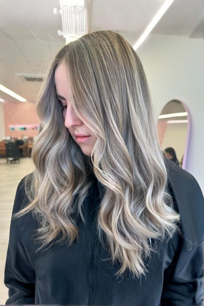 Ash blonde waves with smoky ash-brown lowlights