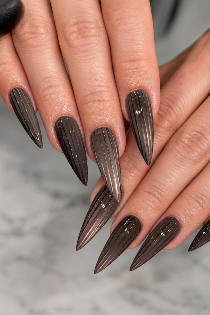 Smoky Mocha Ribbed Stiletto Nails