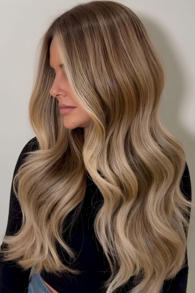 Soft golden blonde waves with deeper beige lowlights
