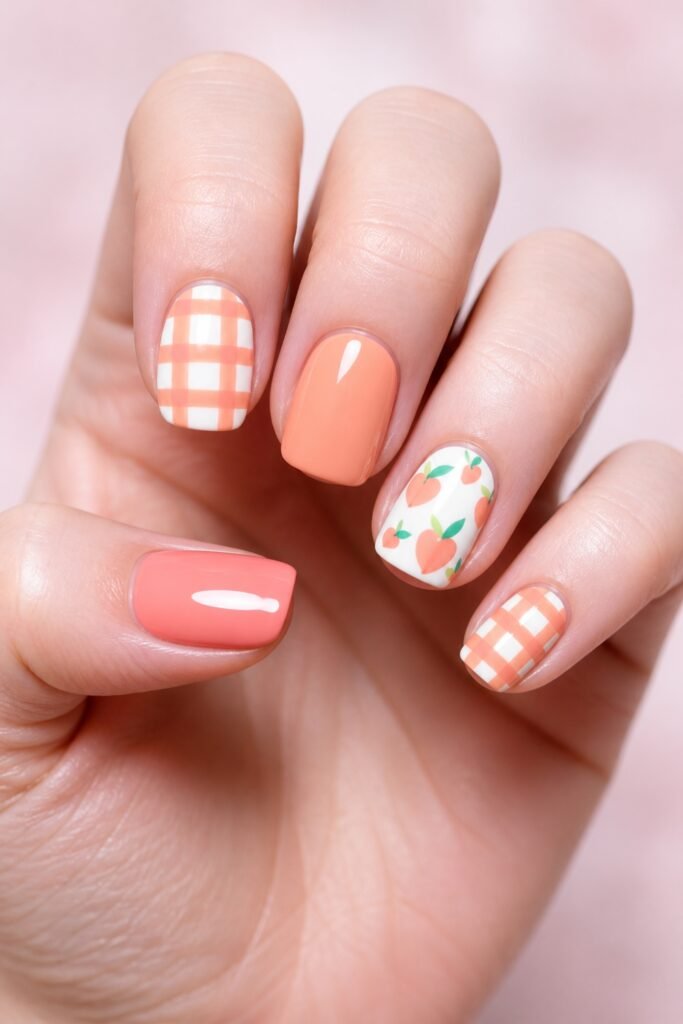 Short peach plaid nails with a solid peach accent