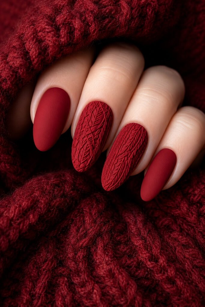 Matte red almond nails held in a red knit