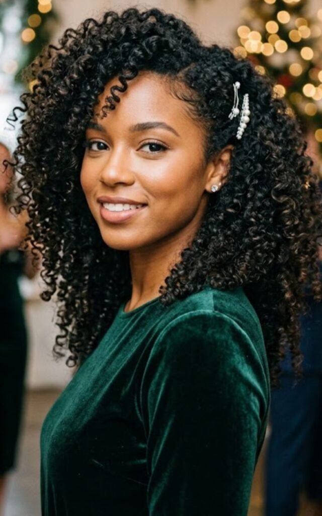 Woman with defined natural curls and a hair clip, wearing green velvet