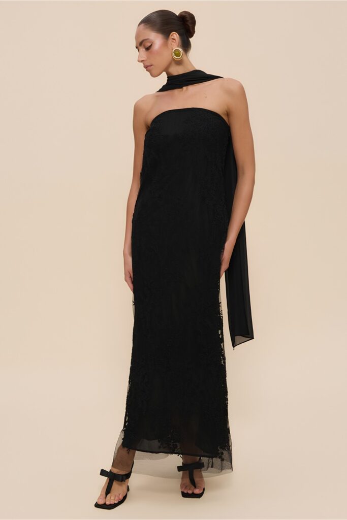 Strapless Sheer Lace Maxi Dress with Scarf