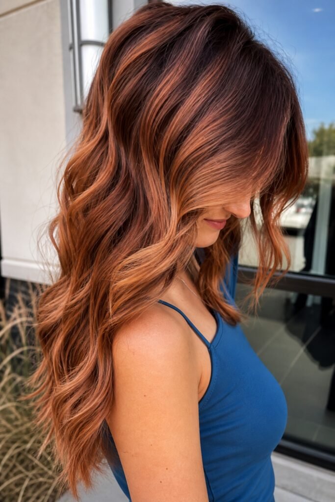 Strawberry blonde waves with copper lowlights