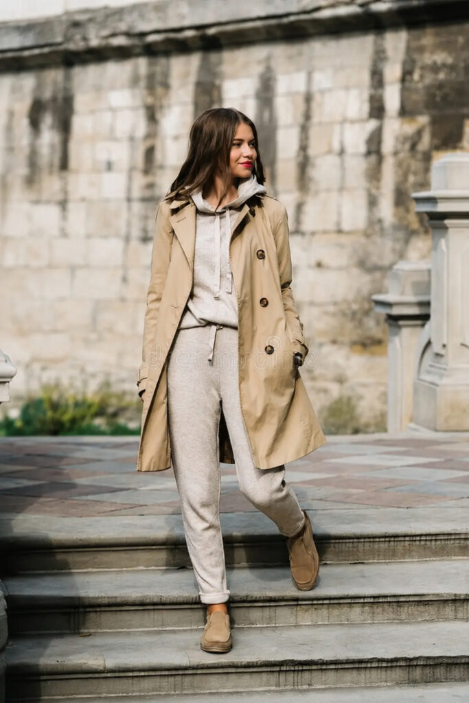 Airport outfit: Structured Jogger Set with a Lightweight Trench