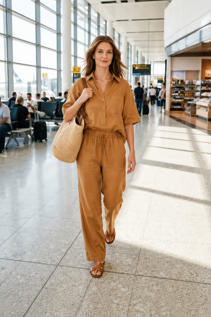 Airport outfit: Summer Airport Outfit: Linen Co-Ord with Flat Sandals