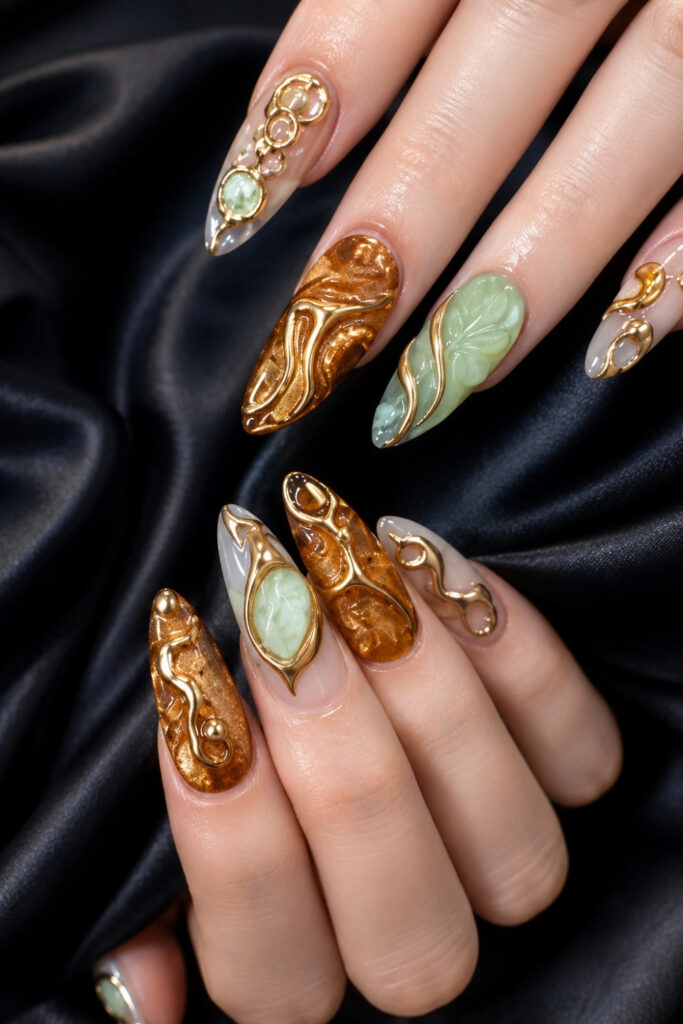 Chocolate Coffin nails With Gold Swirls