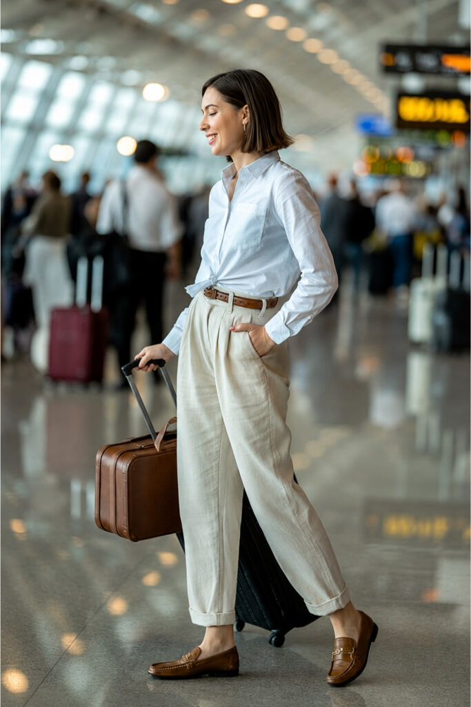 Airport outfit: Tailored Trousers with a Silk Blouse and Loafers